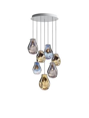 Bomma Soap chandelier with 7 lamps multicolour version 3, 2 x Large silver, 1 x Large blue, 1 x Large gold, 1 x Small blue, 2 x Small gold
